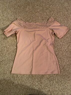 Decree Pink Off-Shoulder Lace Trim Crop Top